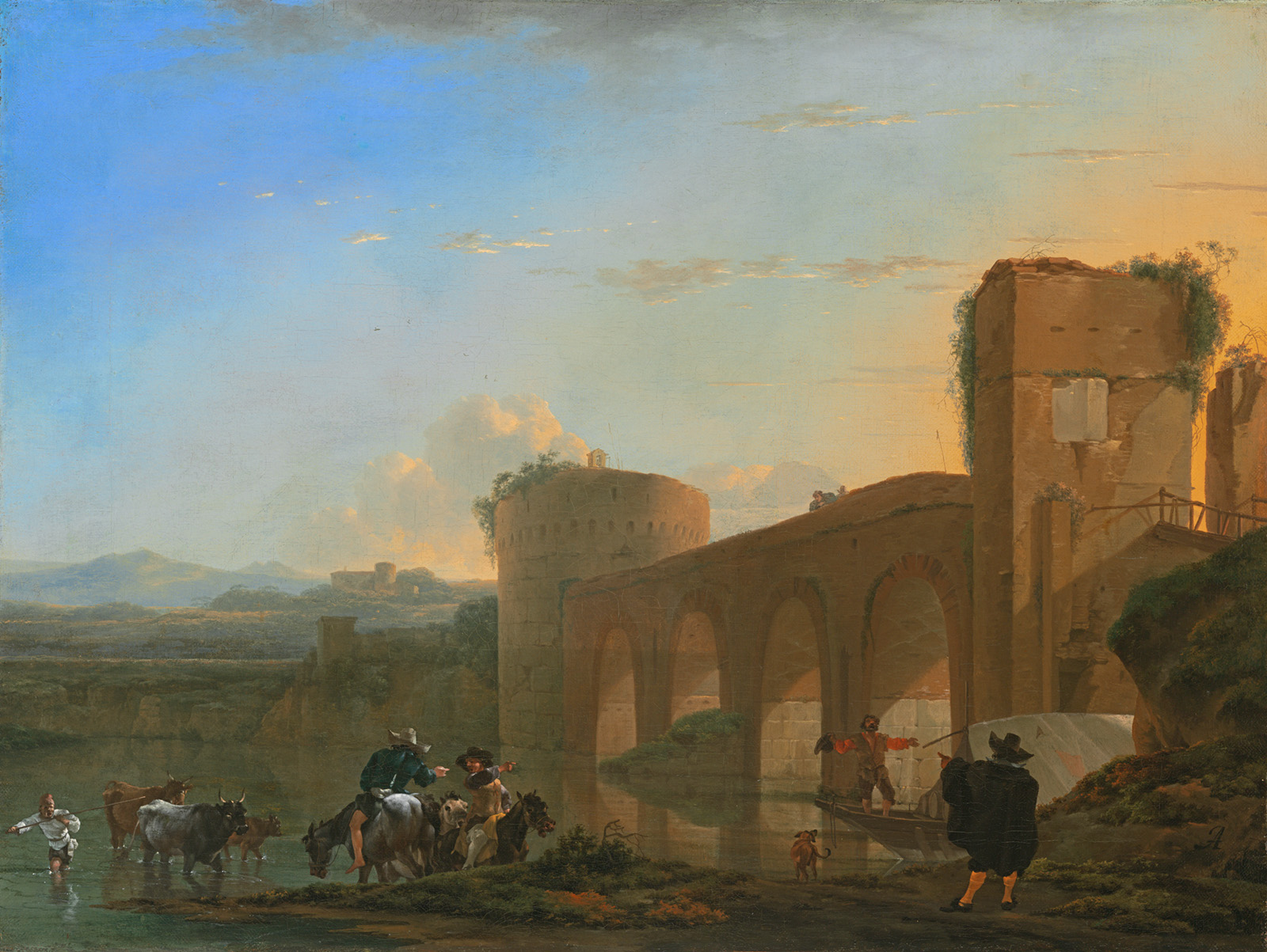 tiber river with the ponte molle at sunset
